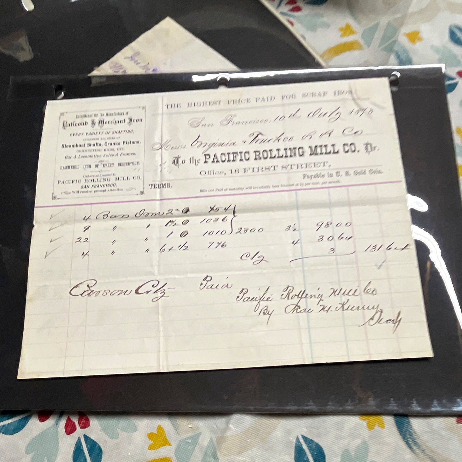 1878 Virginia & Truckee Railroad Co. Invoice/Receipt Pacific Rolling Mill Co. SF