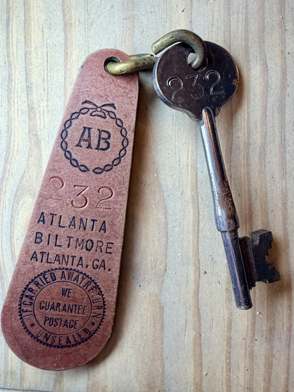 VTG Authentic Atlanta Biltmore Hotel Room Skeleton Key & Matching Leather Fob
