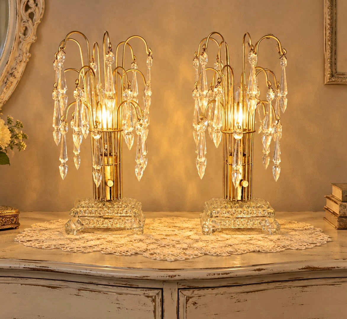 1940’s Waterfall Boudoir Lamp Pair with Prisms