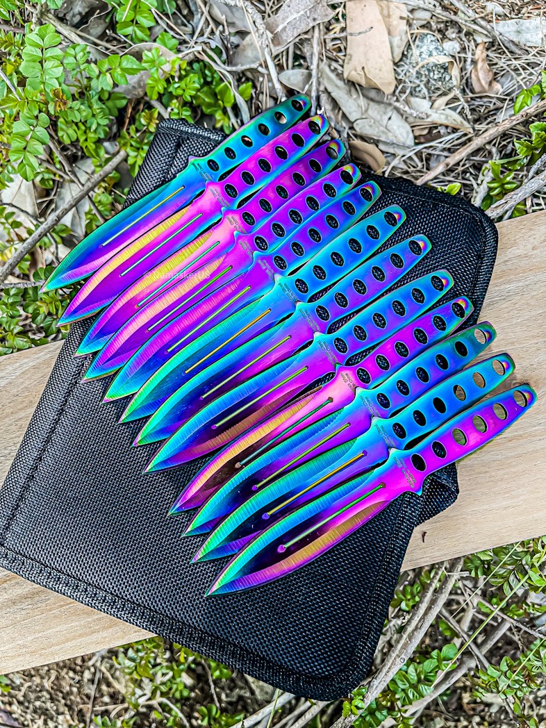 12pc Rainbow Ninja Throwing Knives Set Combat Naruto Kunai Hunting Knife with Sh