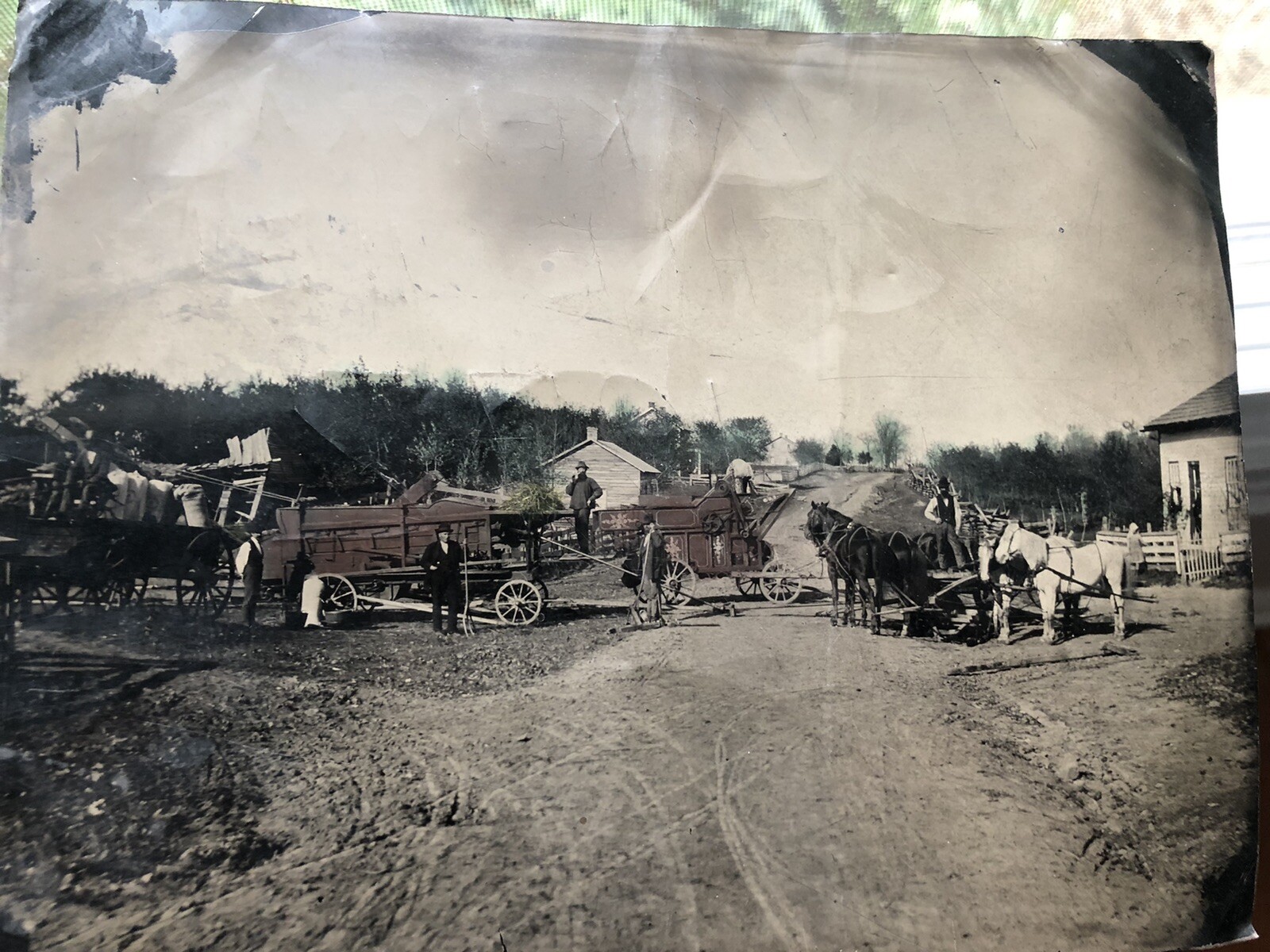 Large Tintype THRESHING MACHINE On OHIO Farm Antique Farming Thresher Photo Rare