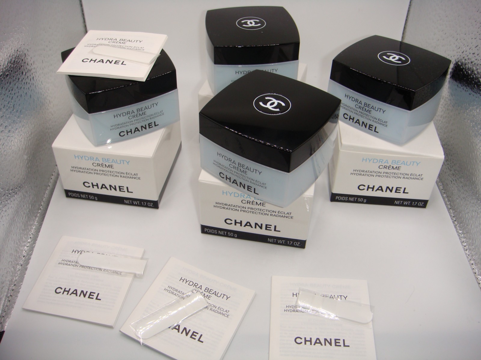 LOT OF TWO CHANEL HYDRA BEAUTY CREAM EMPTY JARS WITH BOXES PAPERS