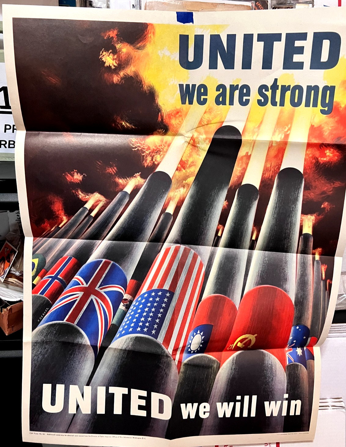 Original 1943 United We Are Strong United We Will Win OWI #64 WWII Poster