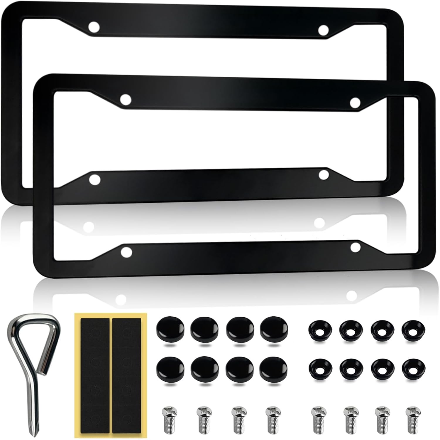 2 Pack Gloss Black License Plate Frames Aluminum Alloy Holder with Screw Caps