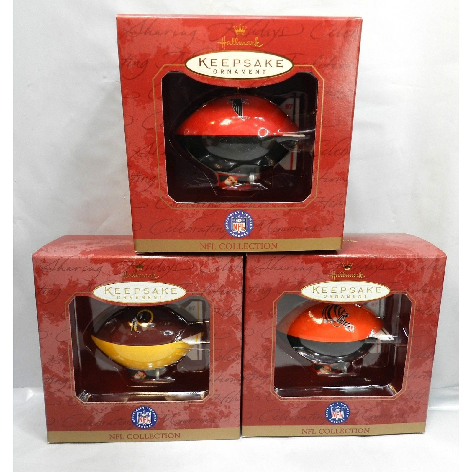 3 Hallmark Keepsake NFL Ornaments Santa in Blimp Falcons Redskins Bengals U42K