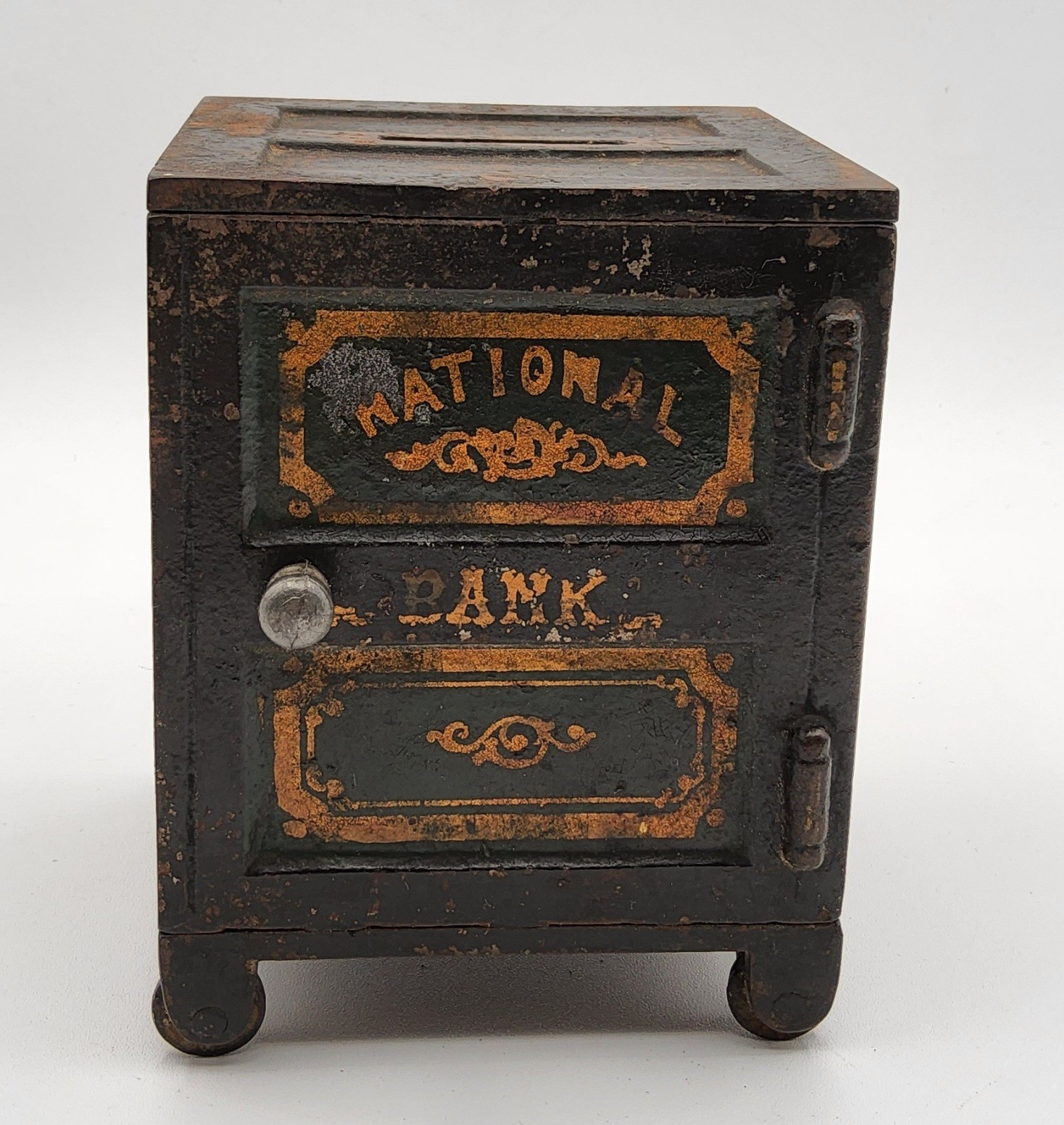 Antique 1880's Cast Iron National Bank Still Coin Safe Bank Missing Key