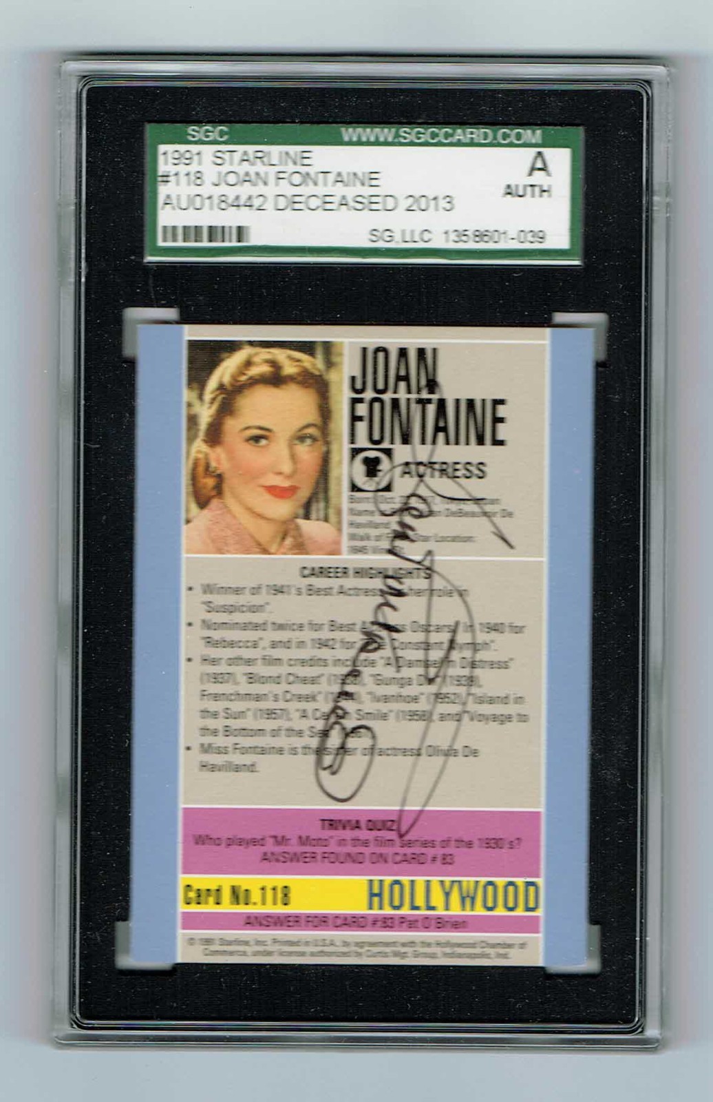 Signed 1991 Starline Hollywood #118 Joan Fontaine, SGC Authentic Autograph