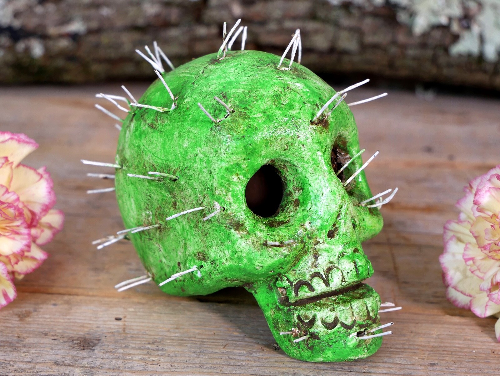 Cactus Skull Day of the Dead Clay Handmade Rafael Pineda Mexican Folk Art Sm Sz