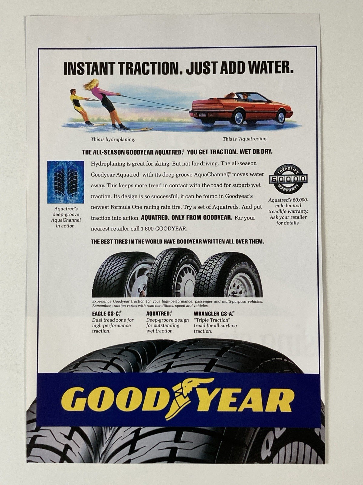 1992 Goodyear Aquatred Tire Print Ad Aquachannel Deep Groove Chrysler Lebaron