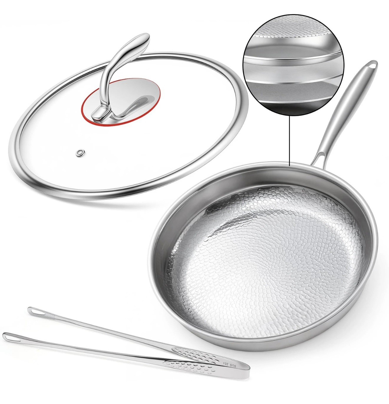 Avowb.T.Q 12 Inch Titanium Nonstick Frying Pan 5-Layer Hammered Titanium-Alloy