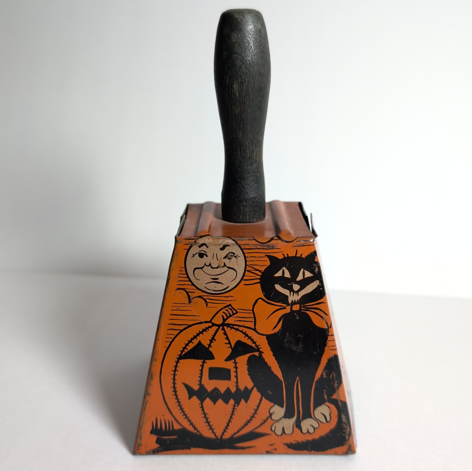 Vtg Halloween Lithograph Tin Toy Bell Noise Maker Pumpkin Black Cat JOL 20s/30s