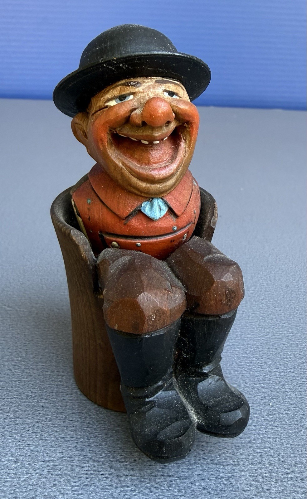 Antique Anri Hand-Carved Wood Figural Cork Bottle Stopper Sitting In Chair
