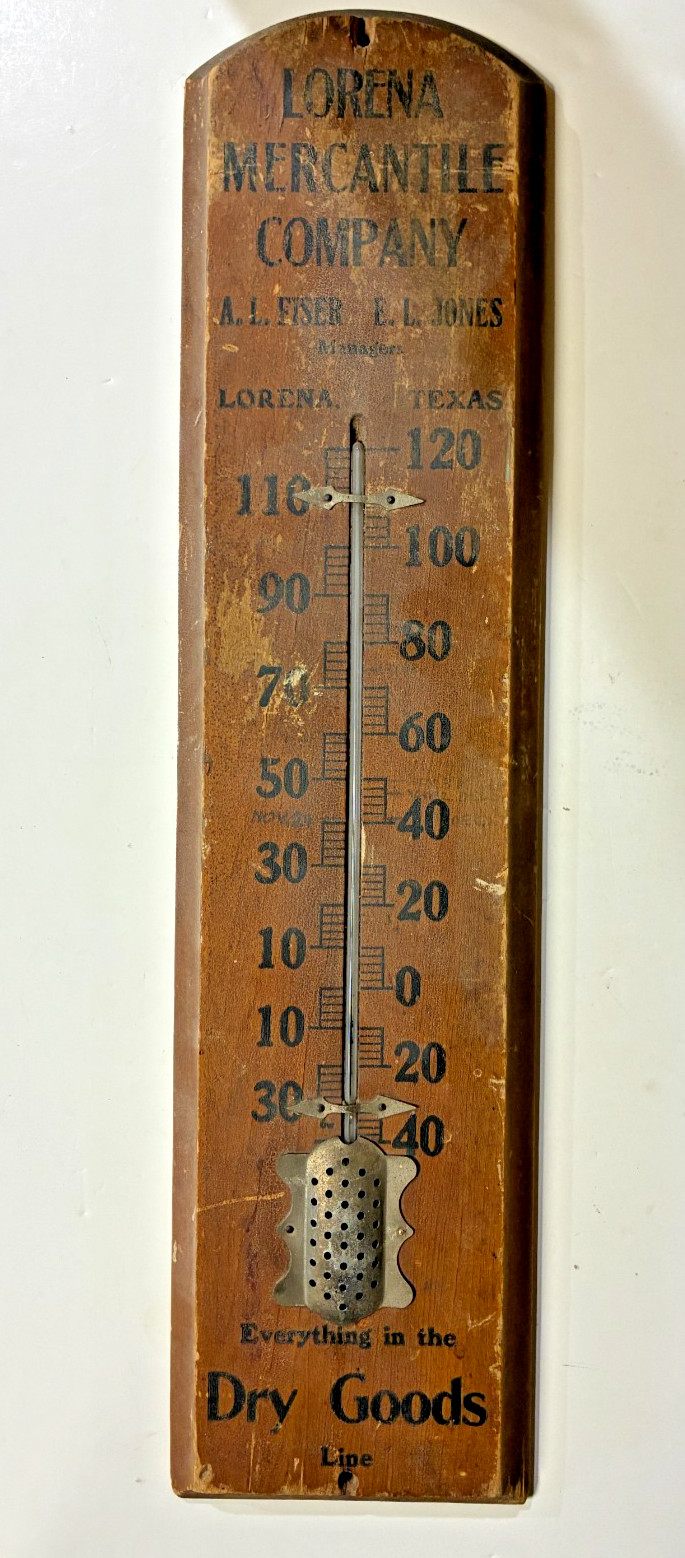 Antique Lorena Texas Mercantile Wood Thermometer Sign T.B. Thermometer Co 21x5\