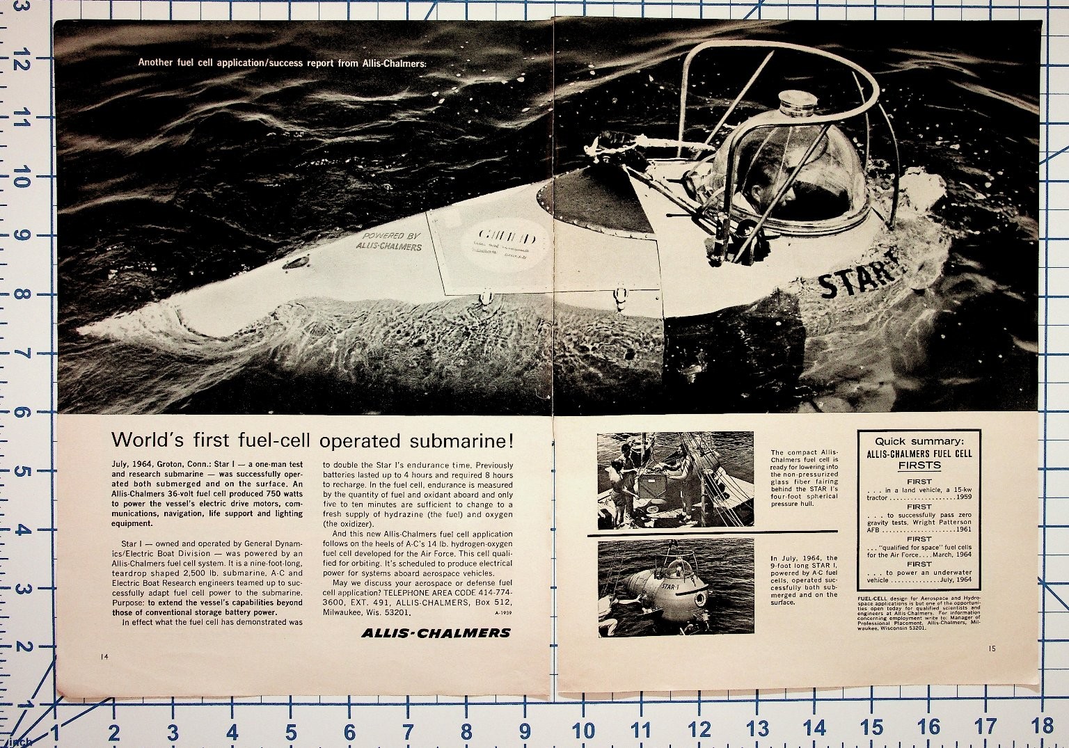 1964 Allis-Chalmers STAR I Submarine Fuel Cell Vintage Magazine Ad