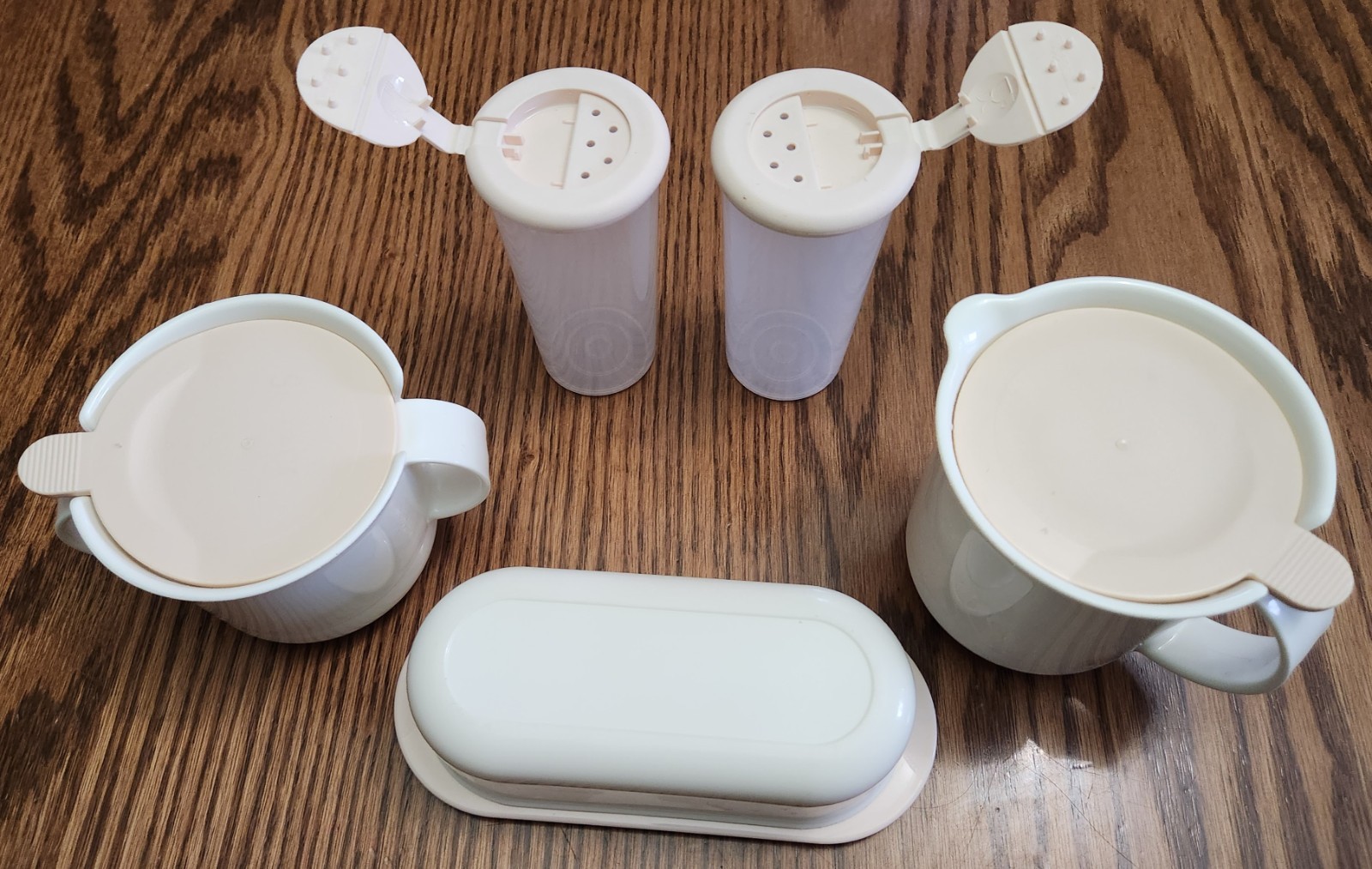 Tupperware Service Sugar Bowl, Creamer, Butter Dish, Salt & Pepper Shakers Pink
