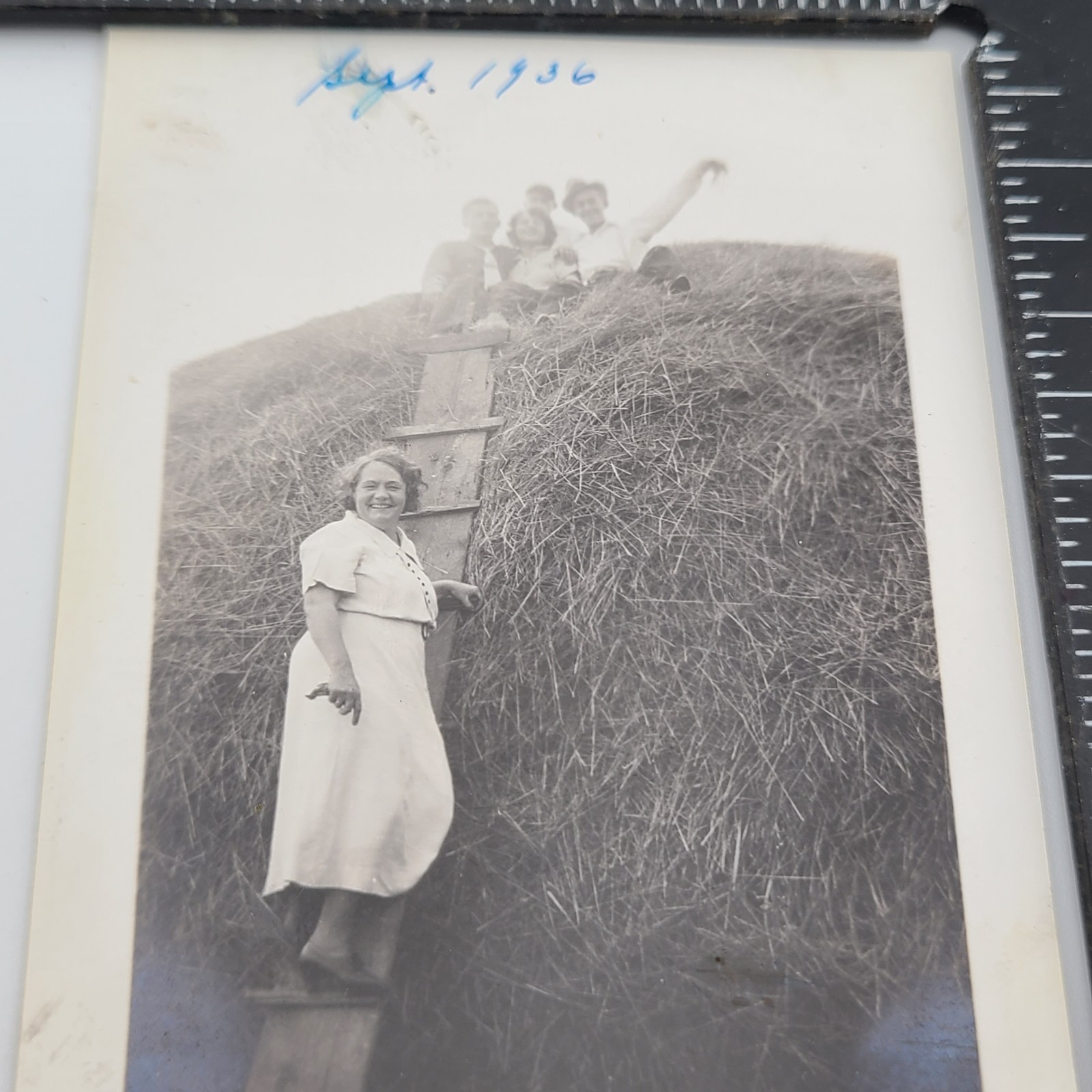 Millington Michigan Farm Woman On Ladder Huge Haystack Family 1936 VTG Photo