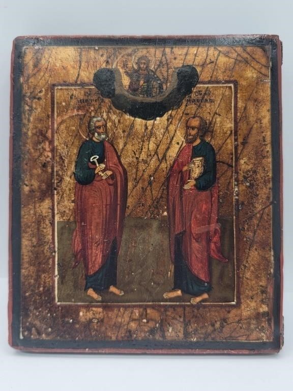 Antique 19th C Style Orthodox Icon Saints Peter Paul Christ Painted Wood 7x6