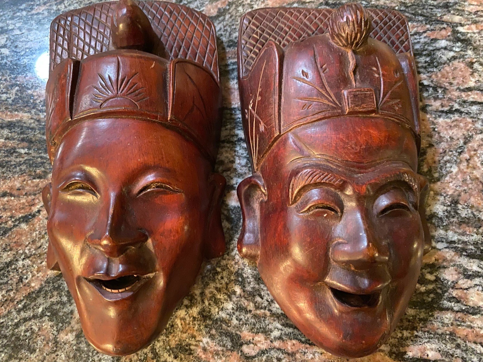 VTG EARLY MIDCENTURY CHINESE CARVED HONGMU WOOD MASKS SET 2 BOVINE TEETH