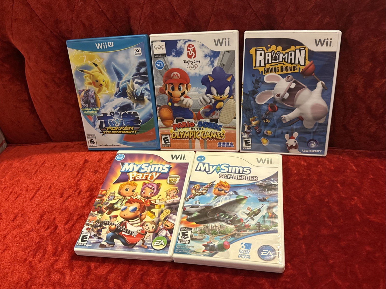 5 Wii & Wii U Games Mario & Sonic, Pokken Tournament, My Sims, Rayman, All CIB’s