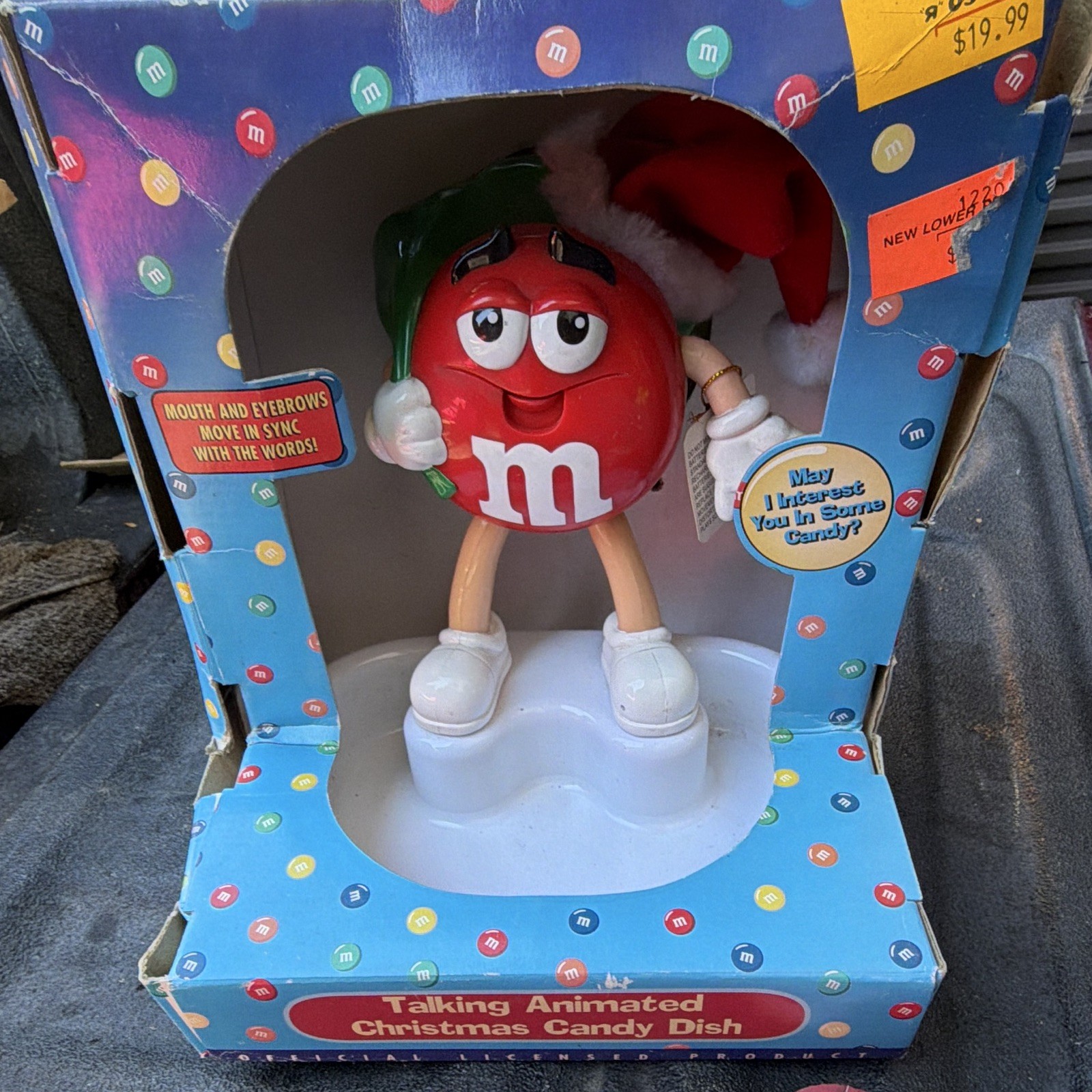 M&M's Talking Animated Christmas Candy Dish w/ Red M&M - Blue Red Green White