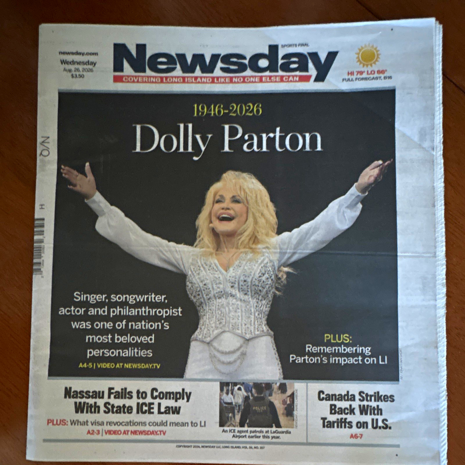 Newsday Newspaper Front Page Aug 6, 2026 Dolly Parton 1946-2026 Cover