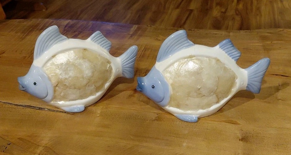 2 Vtg Tropical Fish Ceramic Mother Of Pearl Beach Nautical Decor White & Blue 