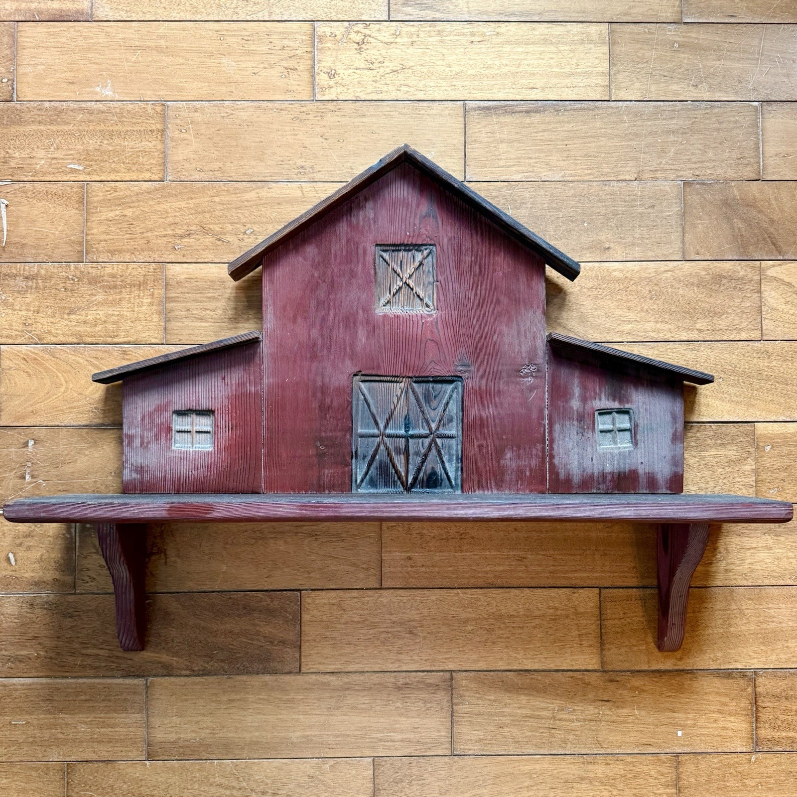 VTG Handmade Wood Wooden Rustic Red Stain Barn Shelf Farm Farmhouse Country 26