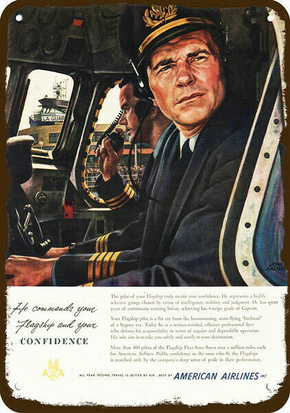 1949 AMERICAN AIRLINES PILOT at LaGUARDIA  Airport DECORATIVE REPLICA METAL SIGN