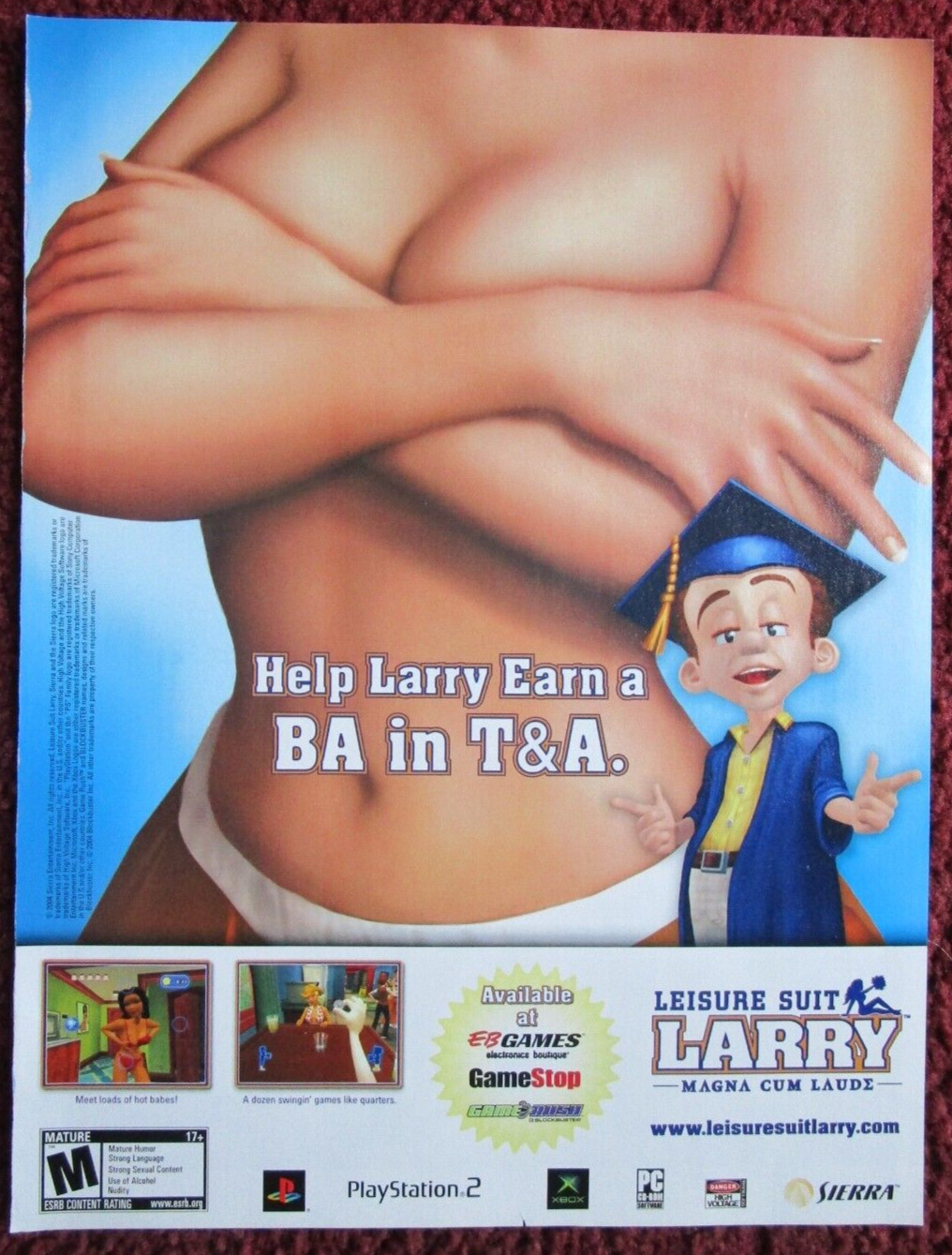 2004 SIERRA LEISURE SUIT LARRY Video Game Print Ad ~ Earn a BA in T&A PS2 XBOX