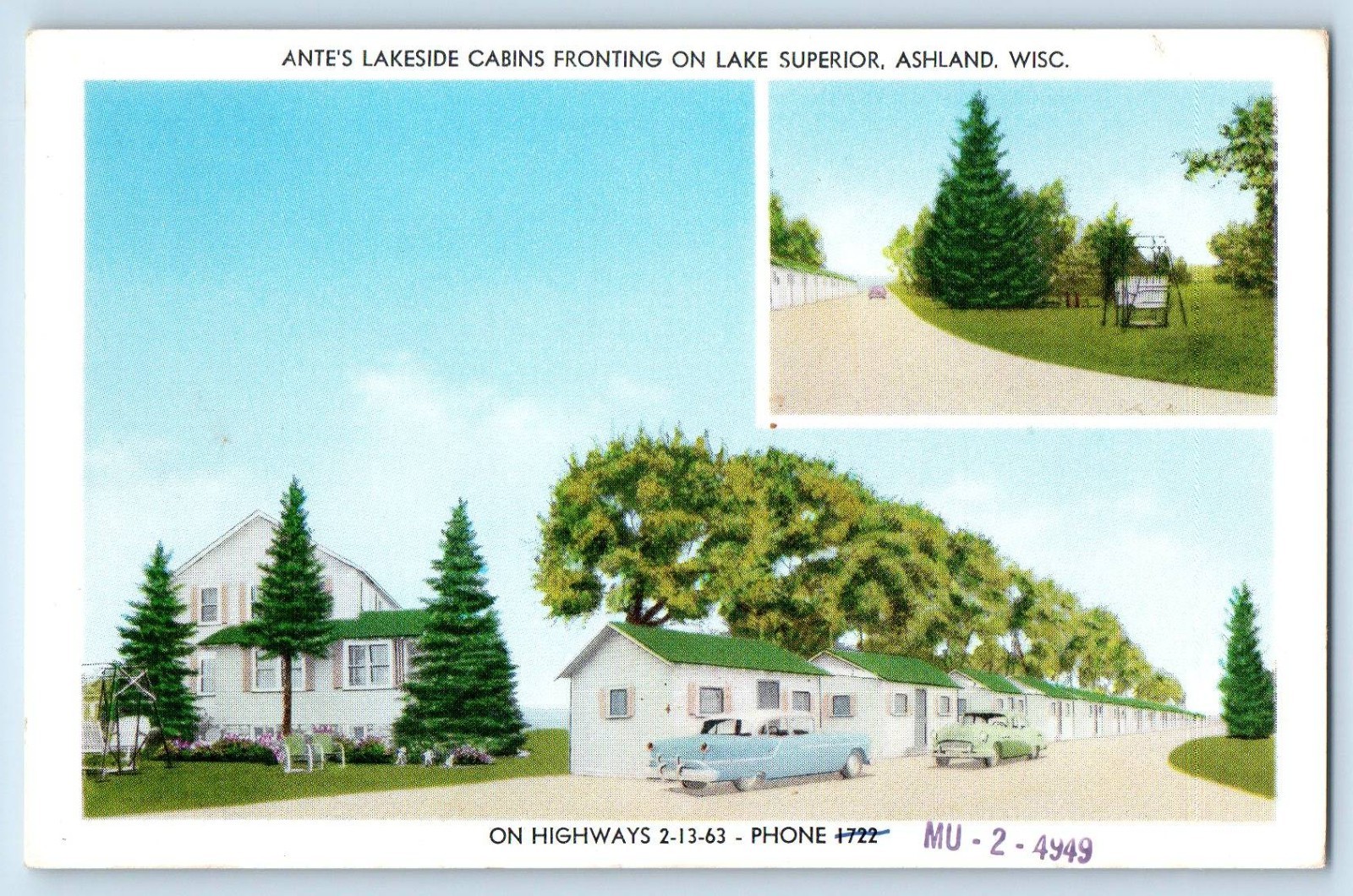 1940 Ashland Wisconsin Postcard Ante's Motor Court Lakeside Cabins Lake Superior