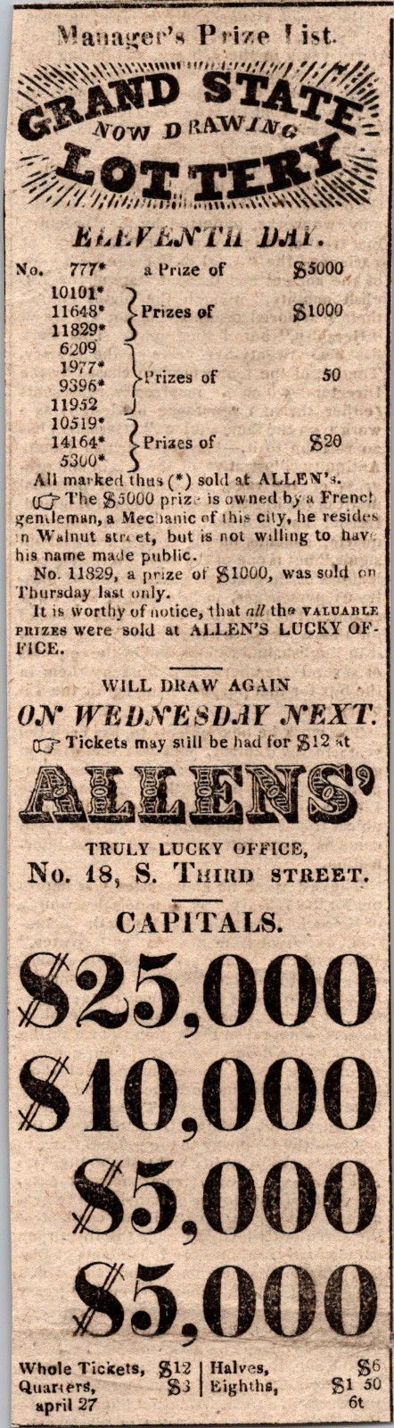 Allen\'s Manager\'s Prize List Grand State Lottery 1820 Clipping TAJ7-H3