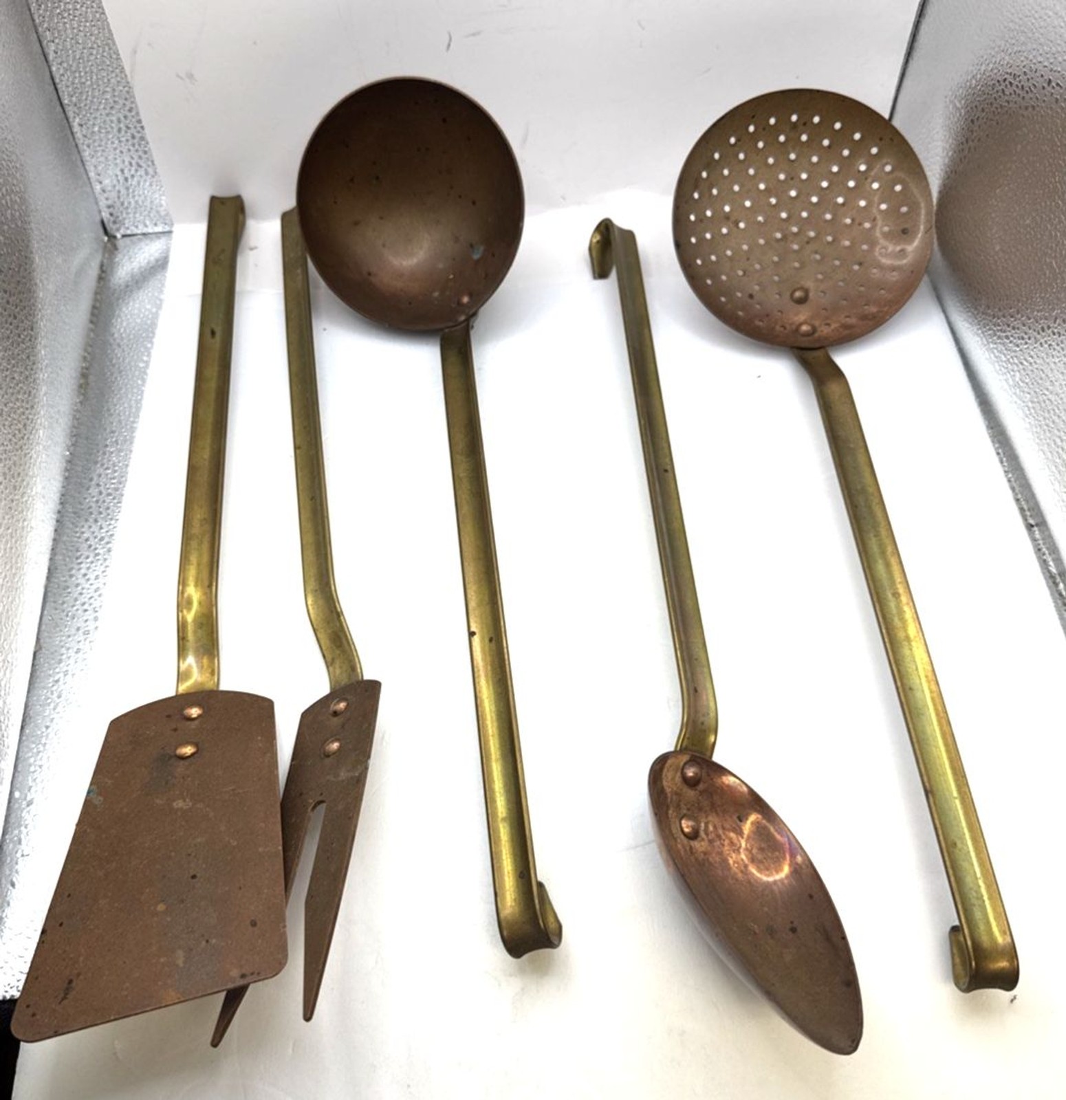 Vintage 5 Pc French Copper Kitchen Utensil Wall Hanging Set MCM Farmhouse Decor