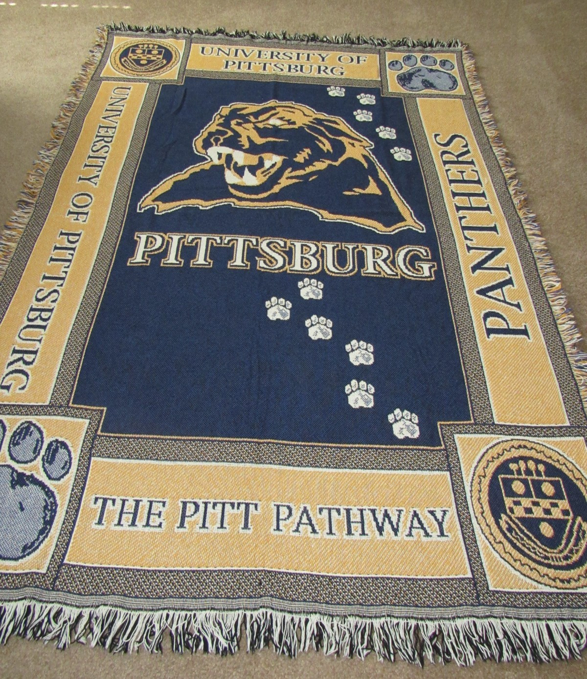 Vintage University of Pittsburgh Panthers Woven Tapestry Blanket w Fringe 50\