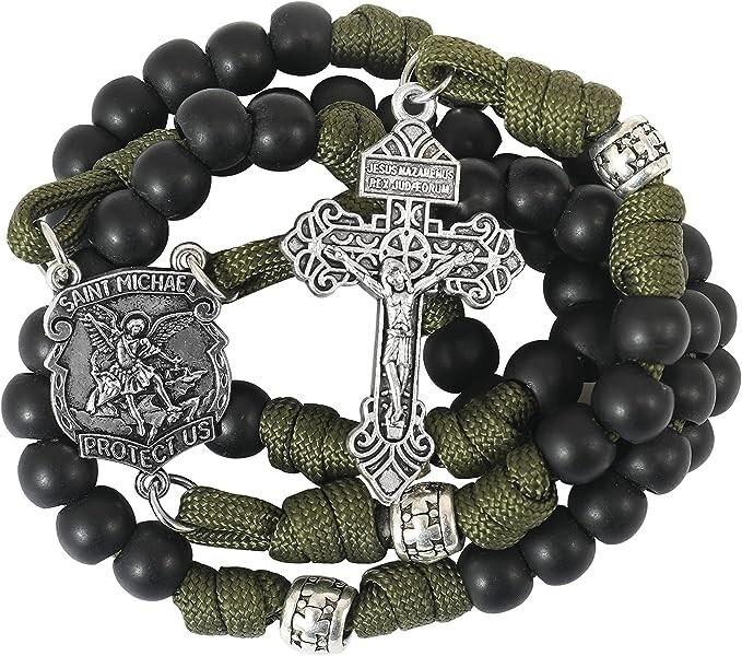 Green Paracord Rosary Heavy Duty Cord St Michael Medal & Pardon Cross