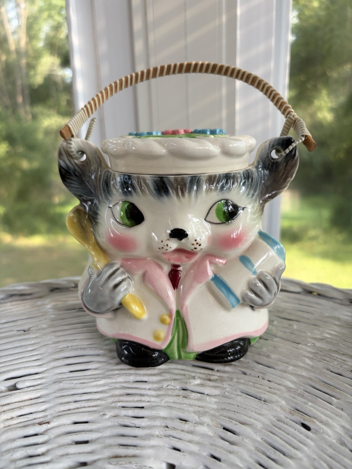 Vintage Mid Century Ceramic Kitty Cat Jar Japan 1950s Anthropomorphic Rattan MCM