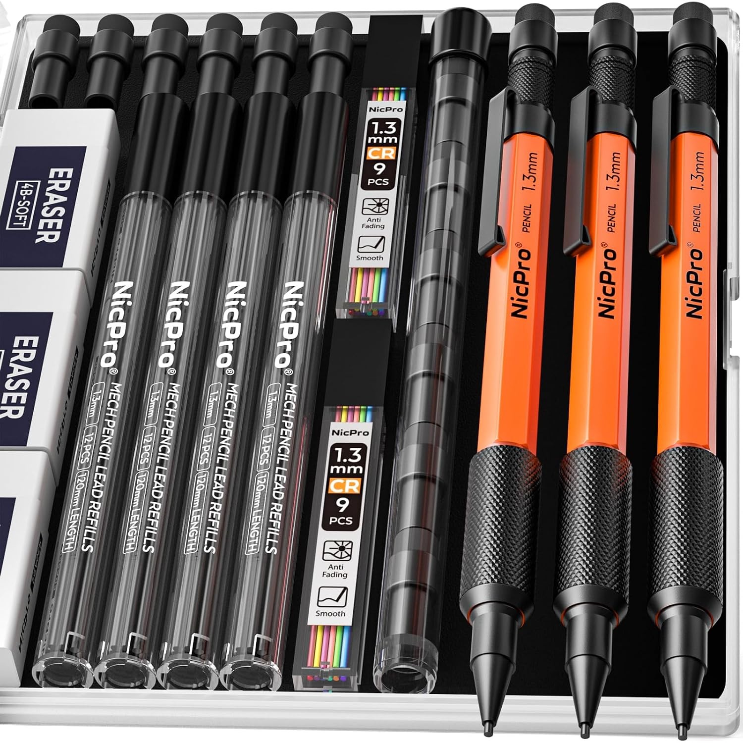 Nicpro 3 PCS 1.3 mm Mechanical Pencils Set with 66 Lead Refill, 3 Eraser