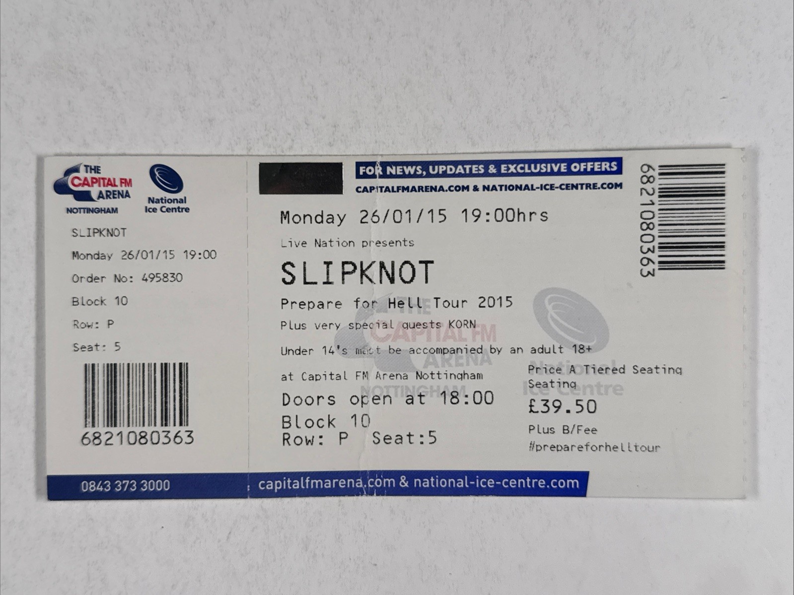 Slipknot Ticket Original Complete Prepare For Hell Nottingham Tour January 2015