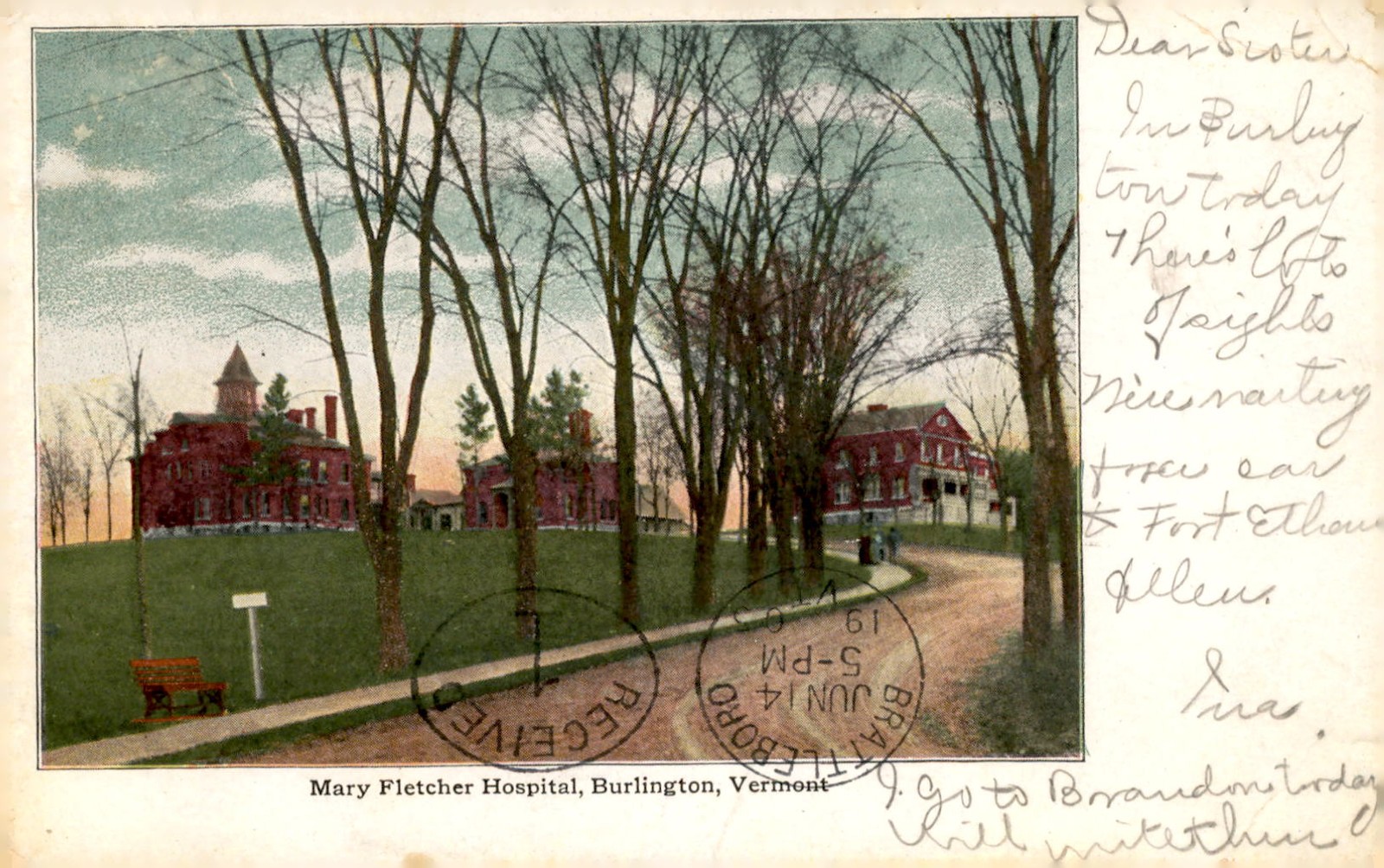 Burlington, Vermont, Mary Fletcher Hospital, historic sights, market, Postcard