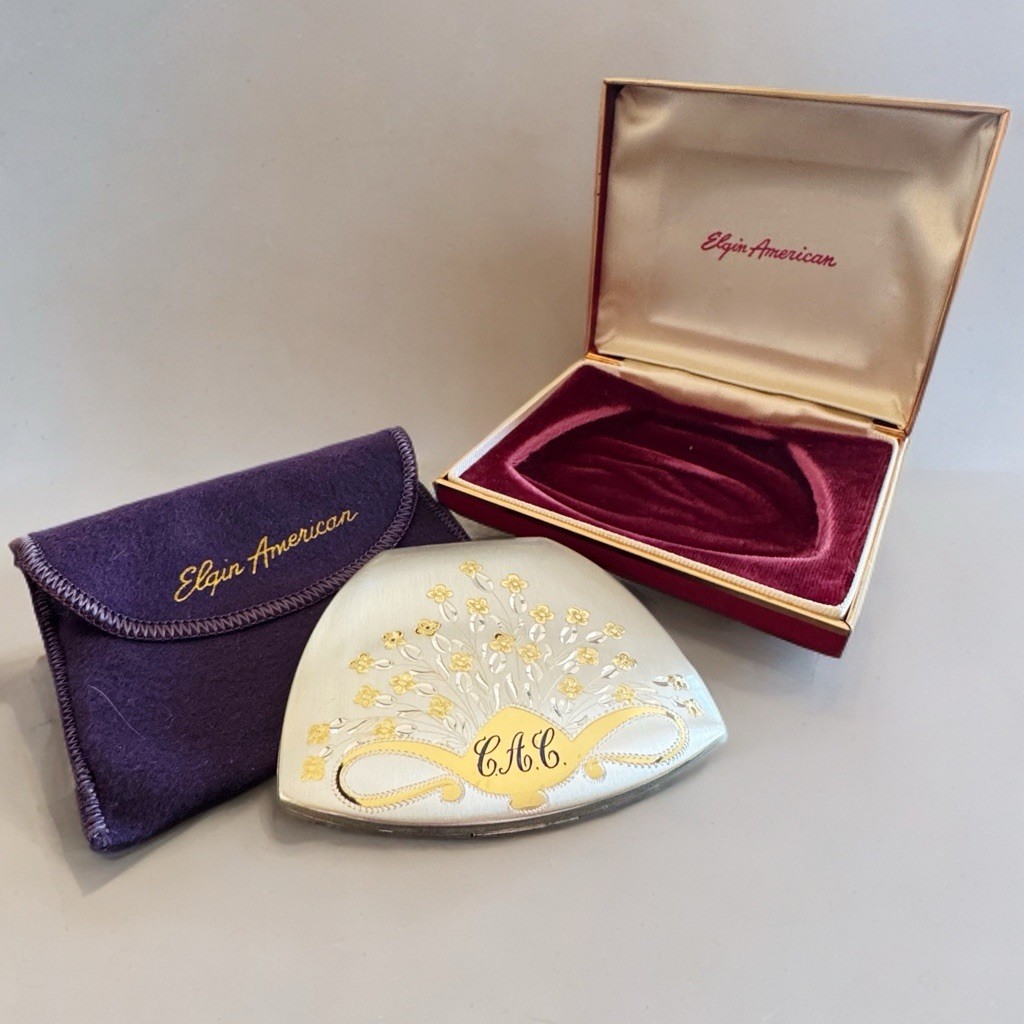 Vtg Elgin American Sterling Silver Floral Powder Compact Original Box Pouch Puff