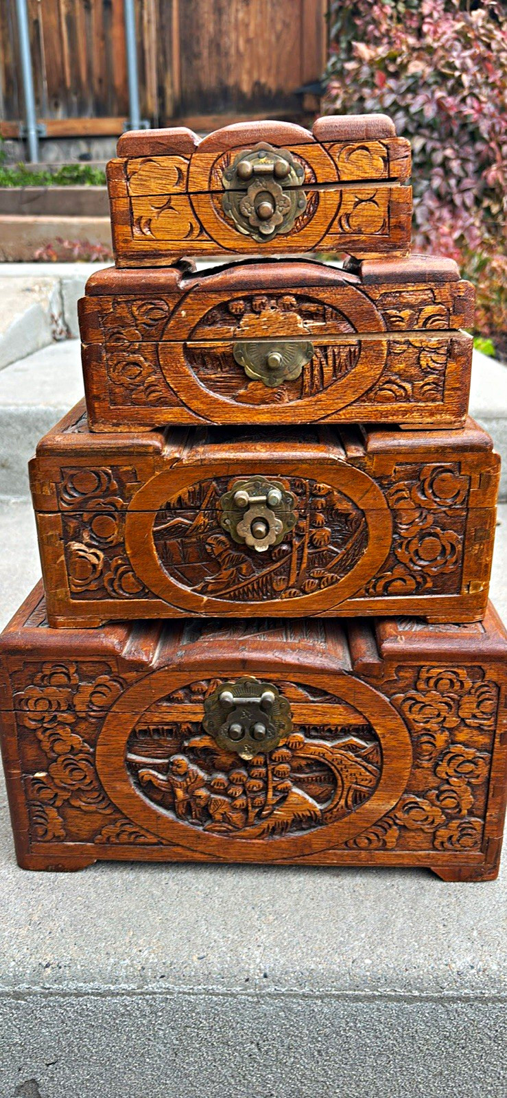 Vintage Hand Carved Chinese Wooden jewelry box 4pc
