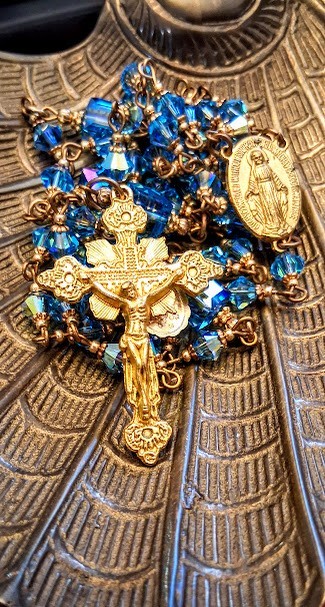 Vintage Aqua Swarovski Crystal Rosary Gold-Tone Catholic Rosary Religious Gift
