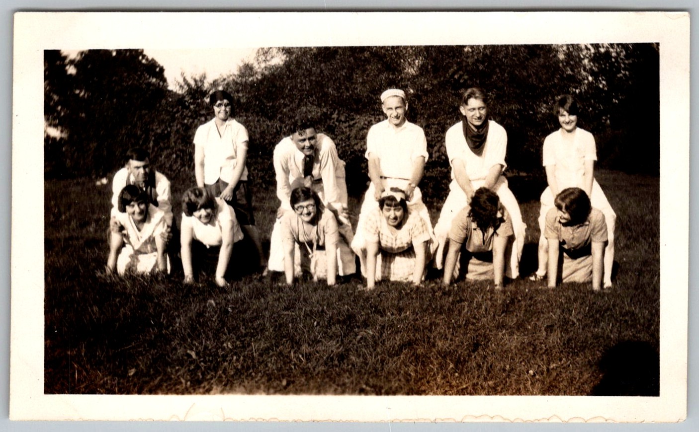 Vtg B&W Snapshot Group Playing Leapfrog Game Outdoors Fun Activity 1920s