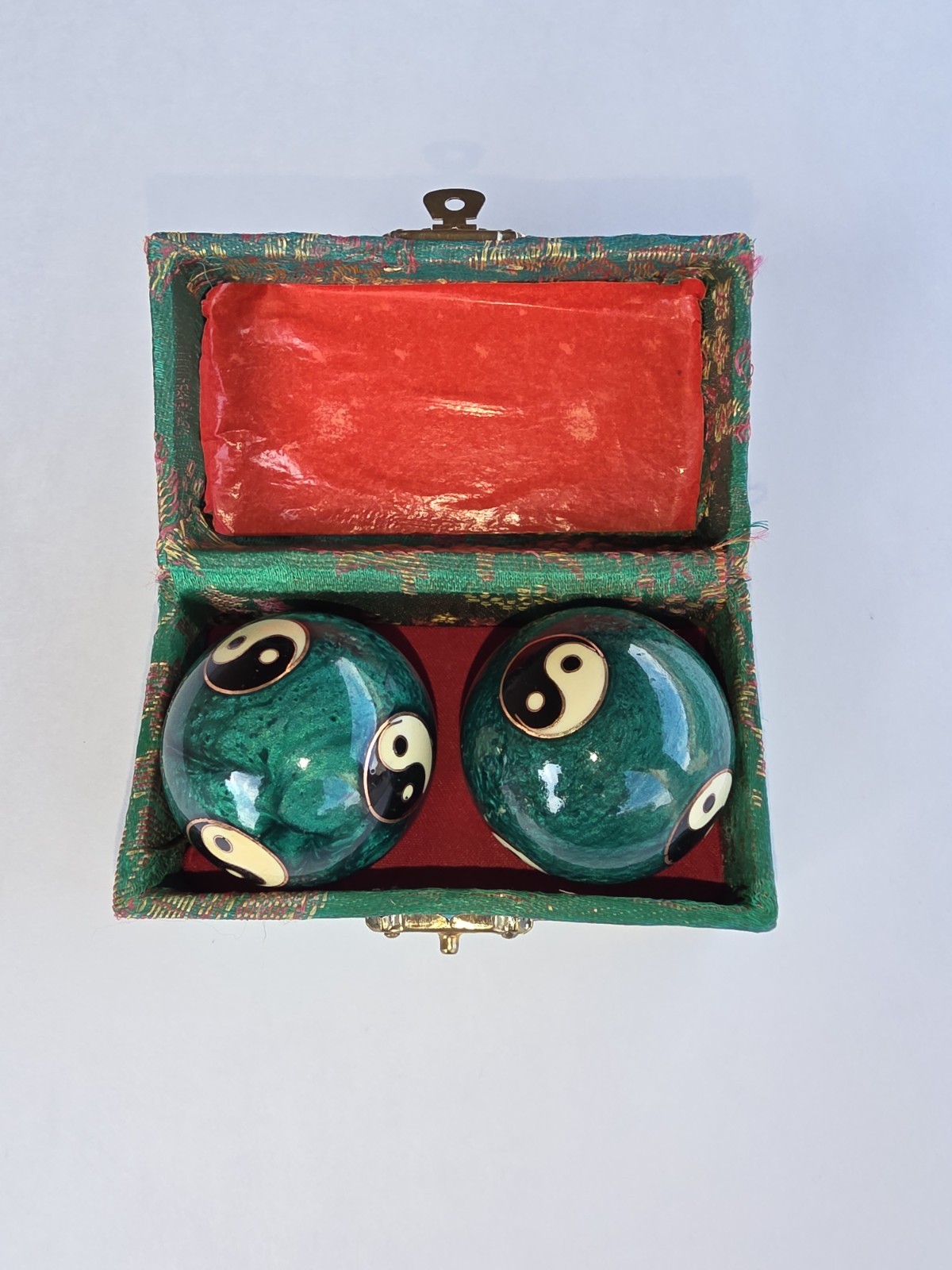 Vintage Gu Cheng Chinese Musical Baoding Balls Yin Yang w Silk Brocade Box