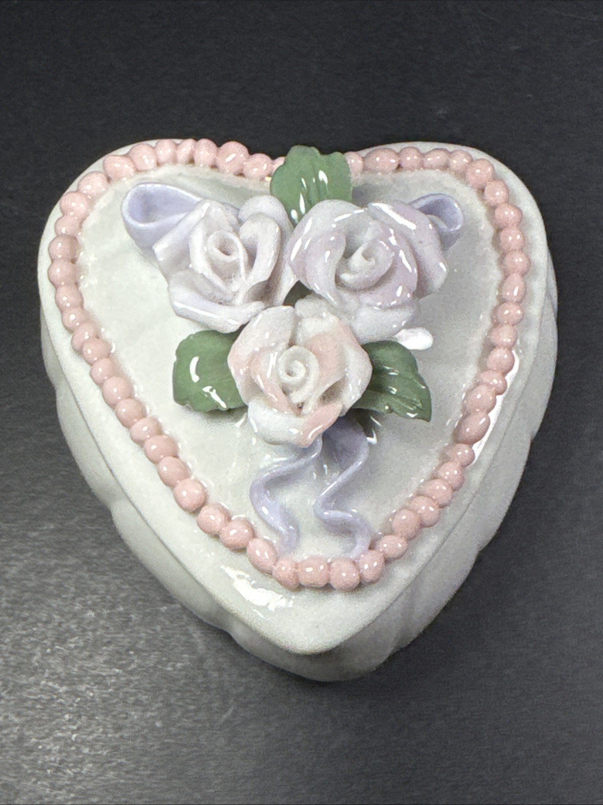 Vintage Enesco Trinket Box + Lid Ceramic Porcelain 3-D Pink Roses Ribbon Bow