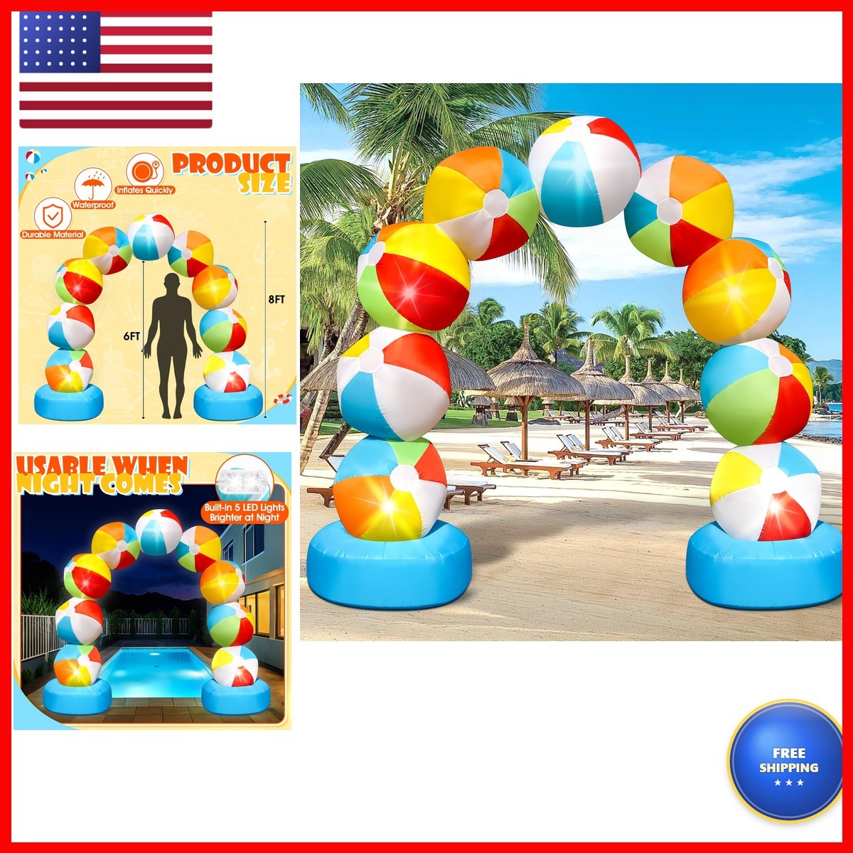 8FT Inflatable Beach Ball Arch Colorful Built-in 5 LED Lights Party Decor