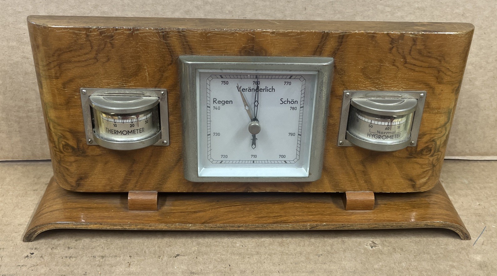 Vintage G. Lufft Art Deco Burl Wood Desktop Weather Station Barometer - Germany