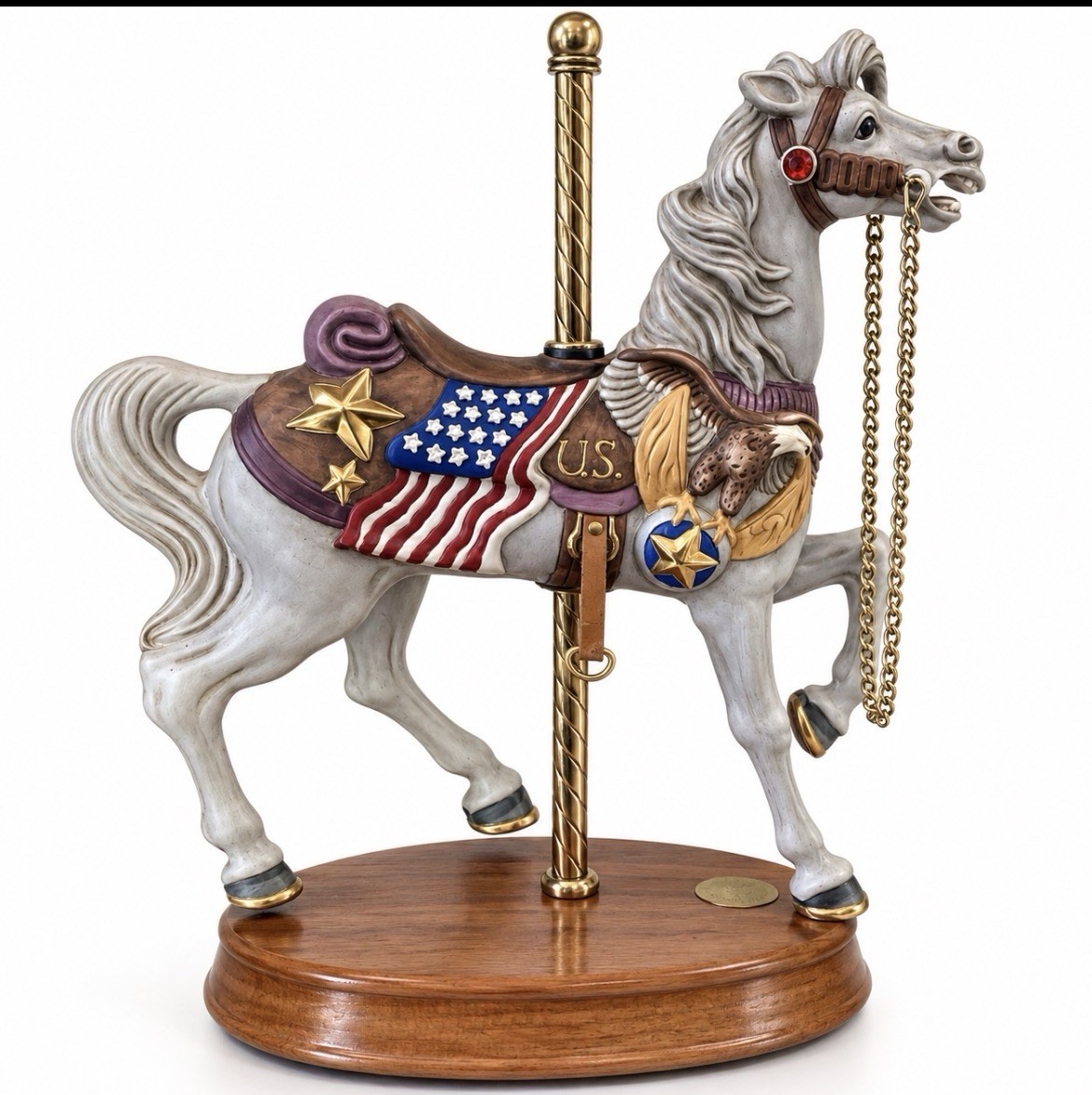 Patriotic Carousel Horse Figurine Stars Pattern Wood/Metal w/ Wooden Base
