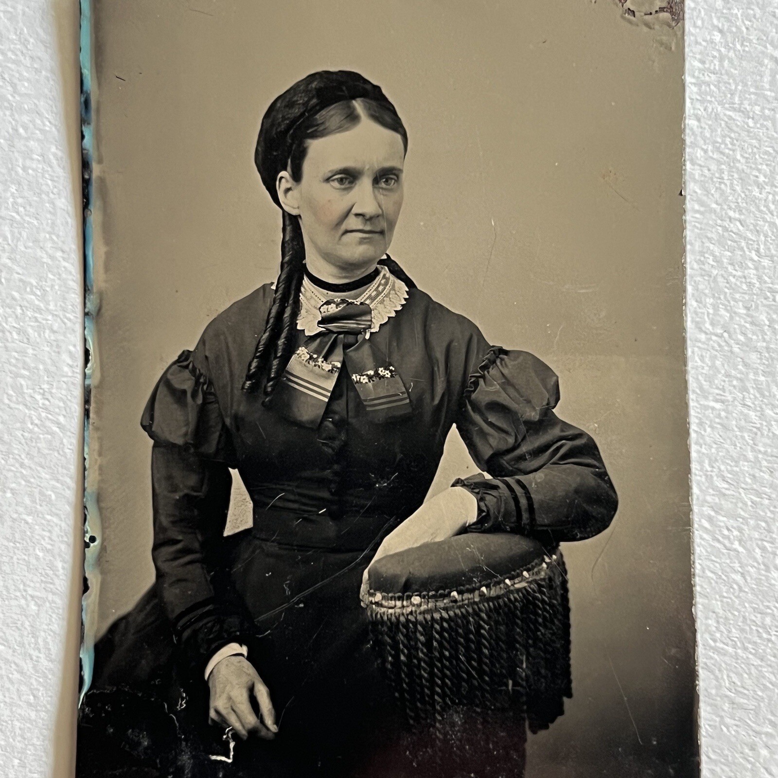 Antique Tintype Photograph Lovely Mature Fashionable Woman Long Curled Hair