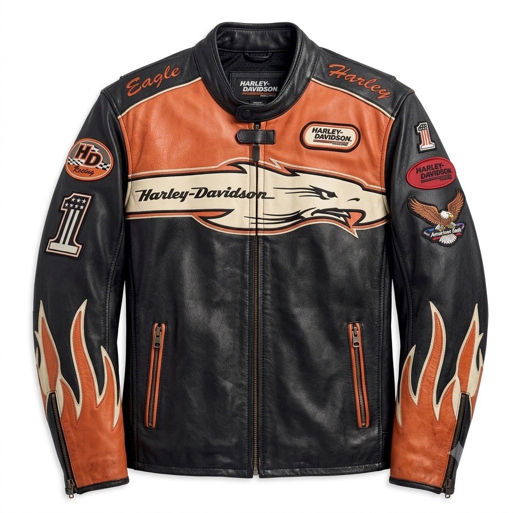 Harley-Davidson Racing Black/Orange Leather Jacket Eagle Flame Graphic