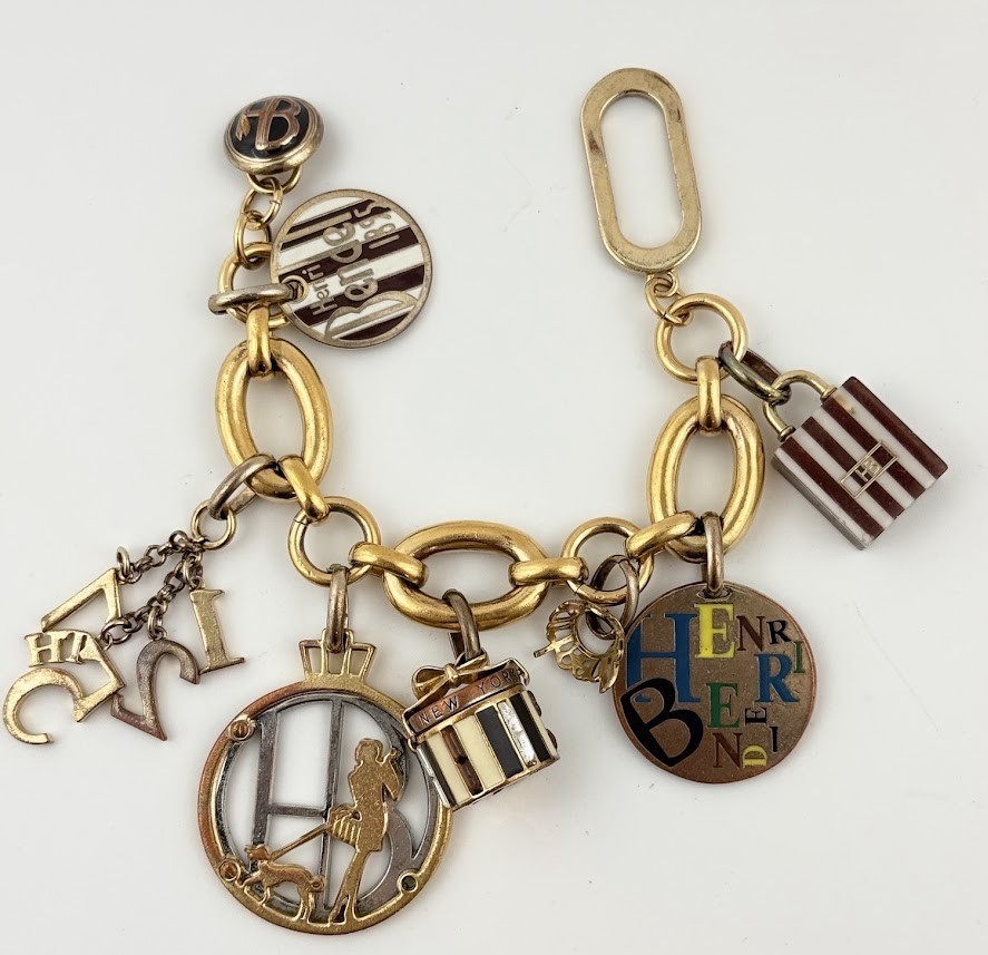 Henri Bendel Gold Tone Chunky Charm Bracelet Striped Shopping Bag Woman Logo